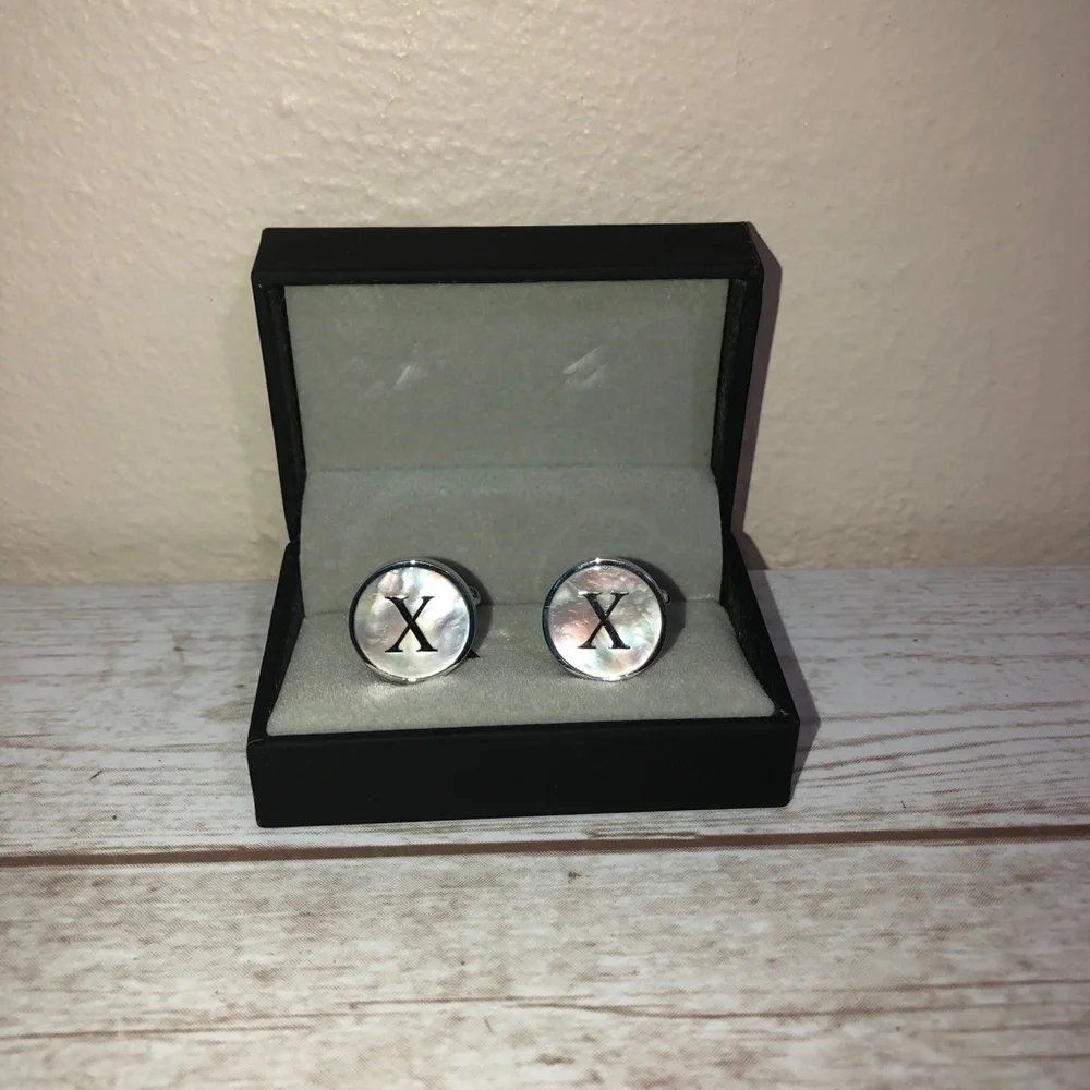 New in Box Mother Pearl X Letter Initial Silver Tone Cuff Link